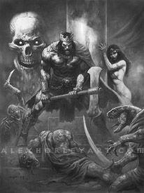 A monochrome painting of Kull standing over a dead serpent. He holds an axe horizontally in both hands, with his legs spread wide, looking down at his slain foe. Behind him is a nearly nude princess leaning against a pillar, appearing relatively calm amidst the battle. On the other side of the pillar is a superimposed skull with a piercing gaze, perhaps representing danger lurking in the shadows. Kull wears a crown, cape, heavy chained belt, and waistcloth, along with metal bracers and boots. His chest is bare, and his face is darkened by shadow, panting from effort, his long dark hair hanging straight down. In front of him is a slain serpent, and more serpent men are on either side of him, one with a raised dagger behind him, and the other brandishing a sword in front of him. The serpent man in the foreground has a visibly forked tongue and is baring his fangs.