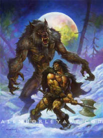 Conan battles a werewolf in the snow. He is about half the height of the werewolf, and holds a double sided axe in both hands, readying for a brutal upwards swing in a half-crouch. The werewolf has patchy fur and veiny musculature, with piercing eyes and their mouth open. Their arms are slightly spread, framing conan, and have sinister claws. Conan wears a loincloth, warm boots, and a fur cloak secured by a chain. He also wears a sword on his hip.