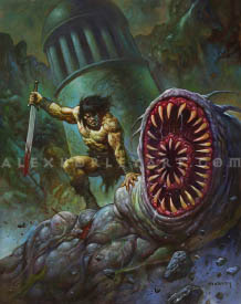 Conan climbs atop a giant, wormlike beast, pulling his sword from a bloody gash in the worm's flank. The worm appears to be bursting out of the ground, with two layers of a toothy, circular maw for a face. The rest of its body is bulbous and muscular, with veins and growths all over. Conan, on top of the beast, is on one knee, sword raised up, and his free hand is planted on the beast for stability. His hair is blowing wildly in the wind. Behind their battle is a rocky cliff and a circular tower, with stone pillars supporting its domed roof.