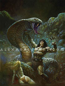 Conan and a downed ally battle an enormous frilled snake, stabbing a dagger into its neck, and holding a sharp crown as a fist weapon in his other hand. 