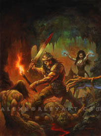 Kull fights through a cave, with a bloodied sword raised in one hand, and a torch in the other. He is fighting two mostly unclothed, muscular men, perhaps zombies or thralls, with one having fallen to the ground. Behind him is a woman in a small dress. Her hands are raised to about head height, and her eyes and hands glow with light, as if she is casting a spell. Kull is looking to one side, wary for the next attack, as a gnarled hand reaches towards him from out of frame in the same direction. He is wearing a sleeveless leather chestpiece with fur pauldrons, a large metal belt with hanging decorations, pants, and leather boots. He has long, dark hair, at least one silver hoop earring, and a domed metal helm with a fur lining. The cave has many stalactites and sharp points, and the ground is rocky with blood running through the cracks near the fallen fighter.