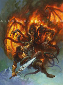 King Conan is caught in the clutches of a fiery demon, suspended high above snowcapped mountains. The demon is wrapping barbed tentacles around Conan, while Conan grips him by the neck, his sword pulled back, ready to stab. Conan looks older, with a full beard, circlet, and leather vest, and his sword is made of a huge crystal, which appears to be growing out of a branching, tree-like handle. The demon he fights is grinning, and has two clawed hands reaching towards Conan. His body is covered in flames, with skeletal wings extended behind him.