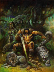 Conan lounges on titanic tree roots, as if sitting in a throne, with his sword held downwards in one hand, resting on the ground. One of his feet sits atop a trail of skulls, and around him is a mysterious woman with green skin and glowing eyes on his right, as well as a Komodo Dragon, a Wolf, and a Snow Leopard by his feet, giving him the appearance of a king of the jungle. He wears little, showing his muscles, but has a fur mantle, a necklace of teeth and claws, and large belt with a loincloth. In the background is a gnarled tree and a forest floor.
