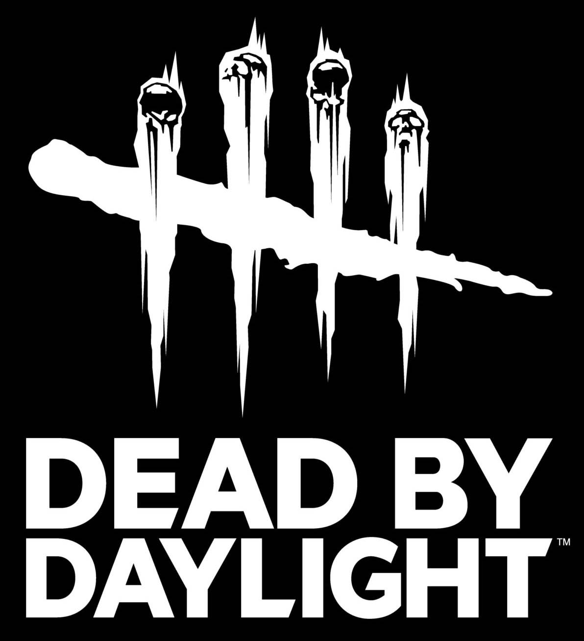 Logo for Dead by Daylight. It shows four skulls with scratchy lines running down through them, with a slash going across the lines like a tally mark. Underneath the logo is block text which says DEAD BY DAYLIGHT in all capital letters.