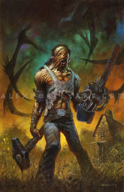 An illustration of The Hillbilly from Dead by Daylight, for a comic cover describing his origins. He is a withered, yet muscular man holding a chainsaw in one hand and a hammer in the other, with distorted, melted flesh on his face, which runs down to his shoulder. On his forehead his skin is crudely stitched together, and his jaw is slack. One piercing eye shows through the draping skin. The dark hair on his head grows from his neck and shoulder as well, and he wears an extremely tattered, bloody tank top, jeans, and a belt with brass knuckles for a buckle. He stands in an unkempt field, bones at his feet, with a run down wooden house behind him. In the distance, perhaps as a metaphor, are enormous arachnid legs writhing in the fog around him.