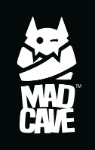 The Mad Cave Studios Logo. Depicts a logo made of cut out shapes showing a cute bat or similar creature in a straight jacket