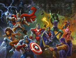 A huge group of Avengers poses together, ready for combat in an environment strewn with rocks and lightning. The heroes pictured are, from left to right, Moon Knight, Tigra, Thor, Captain America, Wasp, Iron Man, Black Knight, She-Hulk, Hawkeye, Scarlet Witch, and Wonder-Man.