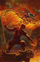 Daredevil stands atop a stone gargoyle, whip raised and looking downward, as Demogoblin flies above him on top of a flaming, skeletal winged beast. Around them are smoky clouds which appear to be illuminated by flames from below.