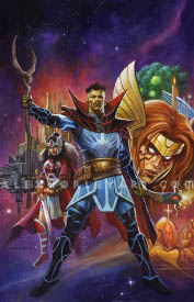 The cover of the first issue of Doctor Strange (2025), showing a collage of characters and locations from the comic, with Doctor Strange himself in the center. He strikes a wide stance, with one arm at his side and the other holding a twisted, wooden staff. He looks handsome and middle-aged, with gray sideburns and a stylish, short haircut and trimmed moustache. He wears a futuristic suit full of radial lines and wrapped cloth, and his signature mantle and wide cowl. In the background are Angela's face, another imposing figure from Asgard, and a space station and bizarre plant life behind them, with a nebula as a backdrop.