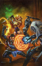 The cover of the second issue of Doctor Strange (2025). Doctor Strange, in the foreground, fights in close combat, with Angela fighting at his side. Doctor Strange's eyes are glowing, and he wields an axe with a blade made of light, with a sigil projected from the other hand for defense. Angela, clad in gleaming gold armor, is fighting with a two-handed sword. The heroes against two pale, elven figures in sharp, dark armor, and the character fighting Strange has a long mane of white hair, and is casting a spell at Strange.
