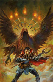 The cover for the third issue of Doctor Strange (2025). Strange takes a battle pose, low in the frame, leaning forward with a pronged wooden staff, with his eyes pointed directly ahead. Taking up most of the frame behind him is a menacing, shrouded figure, with ambiguity as to whether it is watching over Strange or sneaking up on him. The figure has no face visible in the shroud, but has outstretched wings and a gnarled hand reaching out of a tattered sleeve. The figure is crowned by five flames and seven daggers, floating like a halo behind him.