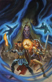 Doctor Strange and Angela stand battle-ready in the center of the cover #5 of Doctor Strange, artistically framed between the hands of a grinning Vyrbodin and his magic. Vyrbodin, an elven figure, has angular tattoos on his face, long hair, and clawed hands, which are enveloped in dark power. Below him, amidst the swirling magic, are silhouettes of a vicious army, and Strange and Angela in combat stances. Strange holds a glowing, one-handed blade and reaches forward with a mystic hand gesture towards the center of the frame. Angela holds a large sword in both hands, with gritted teeth and golden armor.