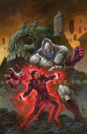 Doctor Strange, appearing as his dark self, Lord Strange, fights Atho-Tet in a macabre quarry of stone and bone. Lord Strange glows with fiery energy, and Atho-Tet is a muscular, gargantuan man with little clothing except for a loincloth, and a metal cowl that covers his jaw and shoulders. Behind them, in the quarry, is the skull of a giant, which is dozens of feet wide, and still has an ancient, rusting helmet atop it.