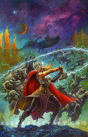 Thor swings her hammer in front of a galactic cityscape in Alex Horley's homage to cover of "What If" by John Buscema