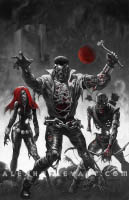Three Marvel heroes appear as shambling zombies with decaying bodies. The central figure has his arms raised and is holding a bone in one hand, with the other two figures behind him on either side. Below them are skeletal corpses on the ground. Their bodies and clothes are falling apart, and the image is in grayscale, with areas of red used for a moon above the characters, red for their blood, and red used for one character's hair on the left.