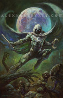 Moon Knight leaps dynamically over a horde of monsters, poised to strike. The moon is clearly visible behind him, and his cloak spreads out like a wings.