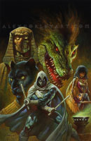Moon Knight strikes a wide stance, ready for combat, with his batons raised in front of him. Next to him is Scarlet Scarab, holding a bronze sword, and above them is a collage of characters featuring an undead ruler, a huge, red-eyed lizard, and a human-like panther. In the lower right corner of the canvas there is a basin with pale green smoke billowing out.