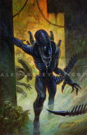 An illustration of a Xenomorph, from Alien, with finely segmented muscles. He steps through a gap between ancient stone walls, with one hand on the wall, and with another Xenomorph lurking behind him. His jaw drips with acid, and a partially dissolved human skeleton sits in the foggy gloom at his feet.