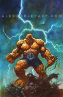 The Thing poses atop a mound of enemies as lighting crashes behind him.