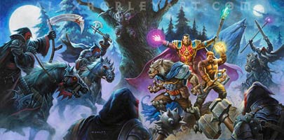DARK RIDERS FULL WRAP AROUND COVER ART The wraparound cover art for the Warcraft comic "Dark Riders", featuring an ensemble cast of Alliance characters. In the foreground is a group of three heroes of the Alliance, surrounded by sinister armored figures, wearing hoods with glowing eyes. Three of them on the sides of the image are on horseback, with bladed weapons, and two in the foreground facing the group wield large blunt weapons, the back of their hooded heads visible. The group of Alliance members are an armored Worgen gritting his teeth and clenching his claws, with his hands slightly raised, and a Human Paladin to his right, holding a large hammer in one hand and holding holy magic in a raised hand. Behind both of them is a Human Mage with a cape billowing out and his arms spread wide, one holding a staff and the other hand creating a sphere of magic, as his eyes glow with magical power. Behind the whole group, leaping out of a tree, is a mysterious armored Rogue, with dagger in hand. Whether he fights for the Alliance or their attackers is yet unknown.