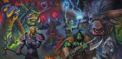 BLOODSWORN FULL WRAP AROUND COVER ART The wraparound cover art for the Warcraft comic "Bloodsworn", featuring an ensemble of Horde characters. In the foreground is an armored Blood Elf holding a staff downward, an Imp leaping through the air, and a male Orc Hunter holding a large gun with an intricately carved axe for a bayonet, along with his loyal wolf. Behind him is the superimposed face of a grinning Troll, a Forsaken Warlock, and a female Orc Shaman casting lightning magic on her raised left hand, with her right hand stretching a mace up to the sky. On the right of the image is the left half of a superimposed face of a scarred, determined looking Tauren.