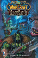 BLOODSWORN BOOK COVER The front cover art for the Warcraft comic "Bloodsworn", featuring an ensemble of Horde characters. In the foreground is a male Orc Hunter holding a large gun with an intricately carved axe for a bayonet. Behind him and to the left is a female Orc Shaman casting lightning magic on her raised left hand, with her right hand stretching a mace up to the sky. On the right of the image is the left half of a superimposed face of a scarred, determined looking Tauren.