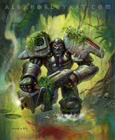 Attilla strides through a decaying swamp, holding a huge, smoking gun. There is blood in the water ahead of him, as if he is tracking wounded prey. His body is humanoid, but entirely metal, and he is draped camoflauging moss. He has huge shoulder pads, one with a readout symbol, and he has a large jaw, huge fists, and glowing eyes.