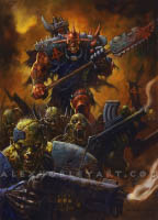 The Dark Legion is a group of muscular, zombie-like soldiers in patchwork metal armor wielding heavy rifles, led by a towering demonic figure walking behind them. The demonic figure has piercing eyes and wide grin, and holds a bloody saw-toothed glaive in both hands. His head has sharp horns on the top, left, and right of his head, and he wears wide metal pauldrons with an enormous gun on his back, as a cape trails behind him. Around him are more zombie-like soldiers, one holding a banner matching his armor in the distance, with some zombies fading into the background such that only their eyes are visible.