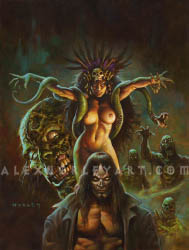 A collage of characters with a powerful mystic woman in the center. She is nude except for a headdress made of bones and huge feathers. Her arms are outstretched, with her hands twisting rhythmically, as if controlling something, as a snake wraps itself around her arms. Around her in the rest of the collage are a decaying zombie face, very close up on the left, and three zombies walking out of the mist on the right. In the middle is a man in a trench coat with a bare chest. He has long hair and face paint of a skull.