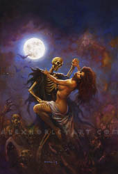 A red-haired woman and a skeleton dance together under the moonlit sky, as zombies and ghoulish creatures gather below them. The red-haired woman has her eyes closed pensively and leans her head back, with one hand on the skeleton's shoulder. She wears no clothing other than a cloth that is draped around her hips. The skeleton wears a tattered cloak, and holds the woman's other hand up, as a dancing partner. In the sky, bats fly in the distance in front of a bright, full moon.