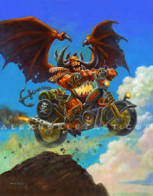 Adrenaline Fiend, a Terrorguard demon, grins as he rides a motorcycle off a high cliff, with clouds in the background. Fortunately, he has wings! He has a glowing mouth on his stomach, and an eyepatch, and is opening his mouth wide and grinning. His hands clutch the handlebars of the cruiser-style motorcycle, which appears Gnome or Goblin-made, and the back seat of the motorcyle holds an anchor and a shield with crossed swords and a horned skull. Strapped behind him is a cutlass in a scabbard. His wings are spread, and he has many horns growing from his head. The motorcycle kicks up dust and rocks from the rock, as Adrenaline Fiend soars over the edge. The background is a cloudy, blue sky.