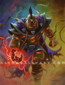 Rafaam, an Ethereal, strides forward confidently with red lightning crackling in one outstretched hand. He has ornate, winged jewelry with an Egyptian motif on his other fist, and some of the wraps around his body are unraveling, rising into the air. His cloak and waistcloth are tattered at the bottom, and the energy inside of him glows with power. His eyes burn at the viewer, shrouded in darkness, and he wears a feather crest on his forehead.