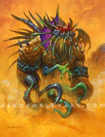 Arid Atrocity is an amalgam with the hulking frame of an Earth Elemental, and many body parts from various Battlegrounds minion types. Large streams of sand and rocks fall from his body as he rises from the desert. He has the head of a Dragon, with a metal jaw, tentacles and reptilian frills around his head, demonic horns on his back, a single bat wing, one hand with a giant hook, a Murloc arm coming out of his chest, and tentacles for his lower body. Circling his huge biceps are the metal bands with glowing runes typical of Earth Elementals. Around him is a dense dust storm.