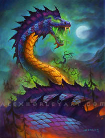 The giant serpent Baku towers above a gnarled forest and mountains, rising up above the moon in the background. Baku's body and finns coil up in the lower part of the frame, shifting tall trees around them, and his body rises in the center of the frame, his mouth open and eyes glowing, facing the full moon. His mouth steams with energy, and aside from his huge fins along the back of his body, he has two frilled fins behind his jaw. In the background is a moonlit mountain range.