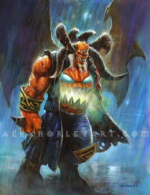 A Terrorguard stands in the rain stoically, with a tattered leather coat draped around him, reminiscent of Roy Batty from Blade Runner. Being a Terrorguard, he has a mouth and eyes on his chest, which are glowing. As for his head above his chest, his eyes are closed, and he has huge horns and long white hair. He has a tied beard, and his wings are spread out, and he wears bracers with spiky runes and dark pants. His arms and chest are bare, and his whole body is drenched in the rain. There are city lights reflecting in the slick ground underneath him.