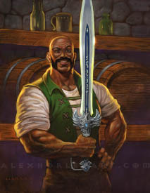 Bob the Bartender, a muscular man, holds up an ornate silver blade, smiling warmly at the viewer and raising an eyebrow. He is in a tavern, presumably his bar, and has one hand on his hip while the other holds the sword up proudly. He has dark skin, mutton chops, and a moustache, with a shaved head. He wears a vest, a shirt with rolled up arms, a large belt, and trousers. His sword has runes along the center, with a winged silver crossguard. Behind him are two large barrels, with drinking vessels placed on the shelf above them. 