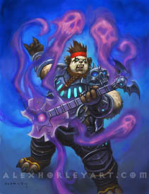 Boneshredder, a Pandaren death knight, viciously shreds his guitar, making the metal horns sign in his unoccupied hand. Skull-like spirits emanate from his bladed guitar as he plays. He wears the imposing metal armor of a death knight, and his guitar has a skull with wings at the top of its neck.