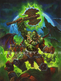 Art for the signature version of the legendary Broxigar, from Hearthstone's Across the Timeways expansion. He hefts the Axe of Cenarius mid-battle, as verdant roots grow around his wrist. Broxigar is an orc with a fanged necklace, a long, braided ponytail, and wearing little armor on his upper body, but with leather pants, gloves, and heavy boots. He is fighting fiercely on Argus, surrounded by demons, and is standing atop a fallen foe. His axe is raised such that it is framed by the planet behind him.