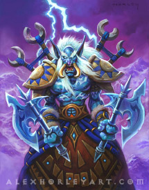 The Troll, Brukan, wields two axes as lightning crashes behind him.