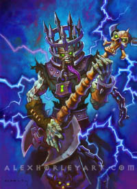 Cage Head, a Forsaken, plays a bladed guitar as lightning crackles in the background. On his head is a large, locked cage, with a cutout for his face. He has glowing eyes and his long tongue is stuck out far, like a classic 80s rocker. He wears sparse metal armor and leather, partially covering his pallid flesh, and the neck of his guitar is thick and bony.