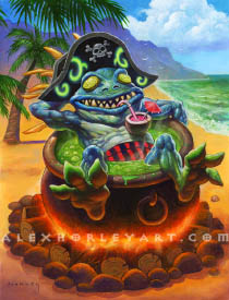 Cookie is a grinning Murloc resting calmly in a boiling cauldron on a beach, as if it is a jacuzzi. His arms and legs are hanging outside of the small cauldron, with one arm behind his head, as his body rests inside the liquid. He has cucumbers covering his eyes, and wears a pirate hat with Demon Hunter runes on it, as well as striped shorts. Resting on his belly is a drink in a coconut, with a little umbrella and a straw in it, which he is drinking from. He looks utterly relaxed despite the peril of the cauldron. Around him is a beautiful beach with palm trees and a rock formation in the background.