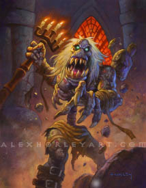 Catacomb Crasher, a Ghoul with wispy white hair, bursts through rock with his arm reaching towards the viewer, a huge candelabra lifted up in his other hand. He is lit starkly from one side by the candelabra, and he has glowing eyes and pale, shriveled skin, with ribs and lower spine exposed. His fingers are clawed and his mouth is open with huge fangs. Behind him is a gothic window with an elven appearance, possibly of Venthyr design, and small rocks sail through the air as dust settles around him.