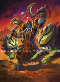 Exarch Akama is a muscular Draenei, swinging two large bladed kama above his head, as he fights off two alien, feline creatures on either side of him. He wears robes and a hood, with sturdy shoulder pads and bracers. The kama, as well as his thick, spiked shoulder pads have runes etched in them, and he wears a large belt. His Draenei hooves are exposed. The felines have many spines, with thick, bony protrusions which are almost mask-like around their faces, with their eyes being barely visible. Behind Akama is a dusty, rocky landscape, with a planet, its moon, and a nebula with stars in the background.