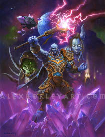 Exarch Hataaru raises a crackling staff in the foreground, with his other hand open, standing atop a mound of glowing crystals. This piece is reminiscent of a movie poster, with a collage of elements superimposed behind Hataaru: Gul'Dan's face and shoulders to the left of Hataaru, a female Draenei on the right, a Draenei city below her, and Draenei starships leaving a planet above him. Exarch Hataaru has a gold orb for his left eye, and a huge pauldron on his left shoulder. His leather armor is richly ornamented, and he wears a flowing cape.