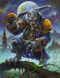 Genn Greymane, a Worgen, hefts a large one-handed sword onto his right shoulder, his left hand clawed. His piercing eyes look directly at the viewr, and he has a huge coat with the patterning of the Alliance, which is tattered at its lower edges. He has 4 large braids in his beard with golden ornaments, and his sword is engraved with a flowing pattern. He has one foot up on a gnarled branch, and behind him is a Gilnean city, with the moon rising above his shoulders.