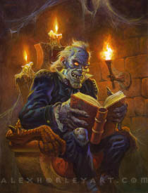 The Grave Narrator is an undead human wearing a fancy, but decaying suit in a candlelit crypt, reading from a book and grinning at the viewer. Their eyes are glowing, and they have tufts of wispy white hair growing from their head. They sit on a metal throne with a plush cushion, and the arms of the throne have carved, dragon-like arms. Atop the throne are a few melting candles. In the background is a torch, cobblestone walls, and a drapery of cobwebs above.