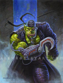 A muscular Orc with cybernetic augmentations, styled after a pirate, leans towards the viewer, with one leg and one arm held forward. He has a mechanical, hooked hand crossed in front of him, and he wears a leather duster with one arm ripped off to accommodate his cybernetic lower arm. The left side of his head is framed with silver mechanical parts, running from his jaw to his eye, and he has a red lens where his eye would be. He wears one hooped earring, and on the top of his head he wears a black bandana with a skull on it, emphasizing his pirate motif (along with the replacement eye and hooked hand). On his cybernetic lower arm is a large metal hook with thick red trim, and a cable feeding into his muscled upper arm. In the background are stone walls and hazy city lights.