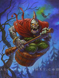 The Hateful Hag is an undead ogre with a single horn, who flies through the air, reminiscent of a witch, holding a wooden stick with both hands. Her pose makes it appear like she is rowing through the air, and the stick is perhaps used for churning butter. She sits inside a large barrel, suspended in midair. Her eyes are glowing, and she is wearing a short shawl around her shoulders with a golden bracelet on her right hand. In the background is a twisted treeline and bats flying above, enhancing the witch-like imagery.