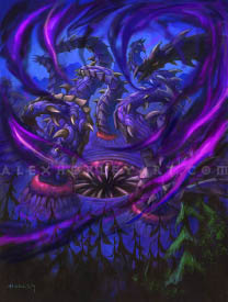 Iso'rath is a massive, tentacled beast, manifesting as a spiked maw in the ground, with enormous tentacles breaking through the earth, writhing in the sky. Dark, twisting energy floats around him, and he is framed by a thin forest, which appears small in comparison to him.