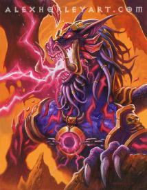 The Dragon Kazakusan roars with red lightning arcing blasting from his maw.